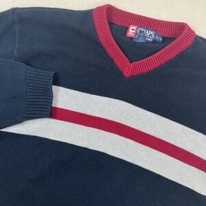 Vintage Chaps Ralph Lauren XL Mens Knit V Neck Blue Striped  90's  Preppy